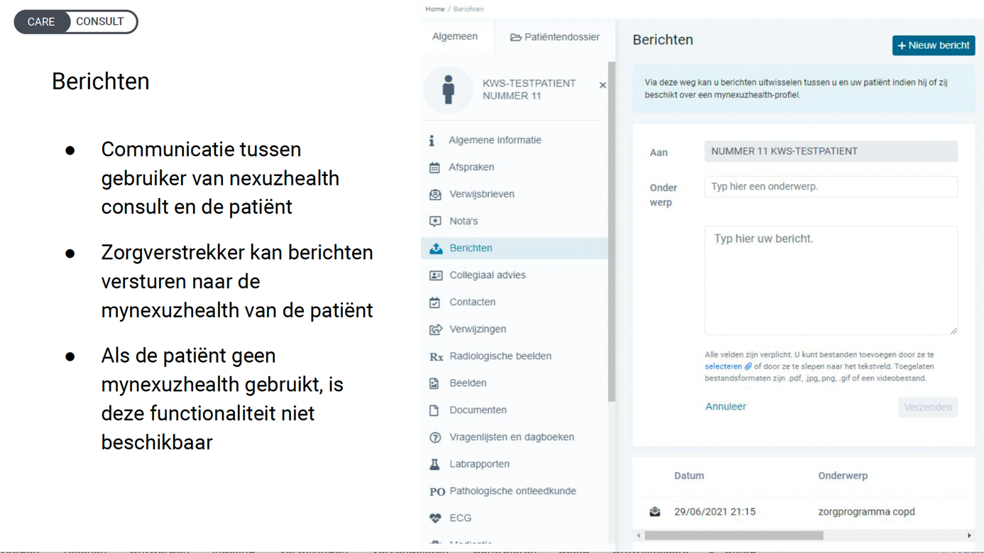 nexuzhealth consult functionaliteiten berichten
