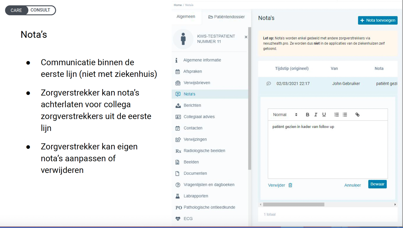 nexuzhealth consult functionaliteiten notas